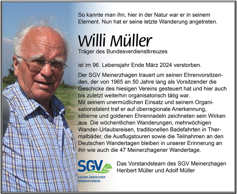 31.03.2024: Abschied vom SGV-Ehrenvorsitzenden Willi Müller.